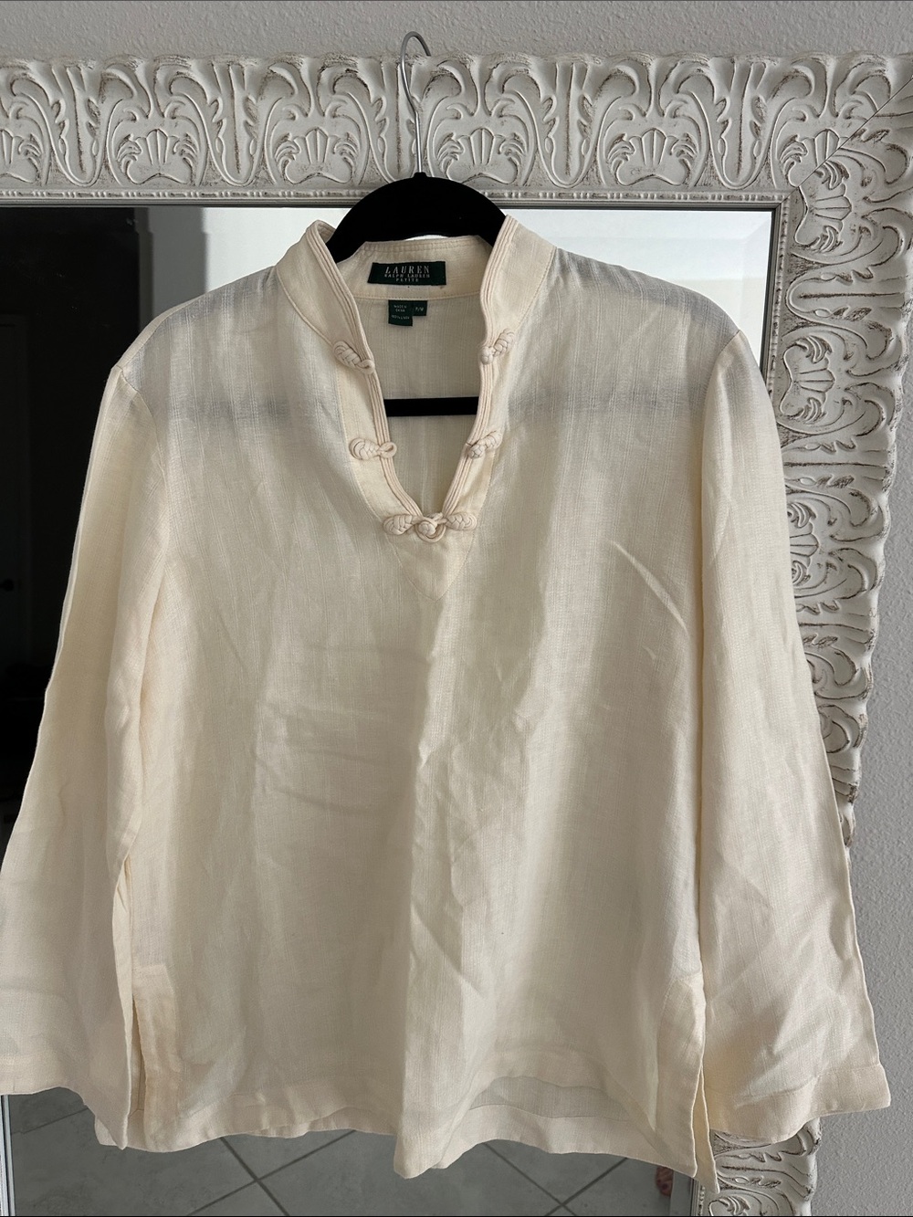 Lauren Ralph Lauren Linen Cream Button-Knot Mandarin-Collar Shirt